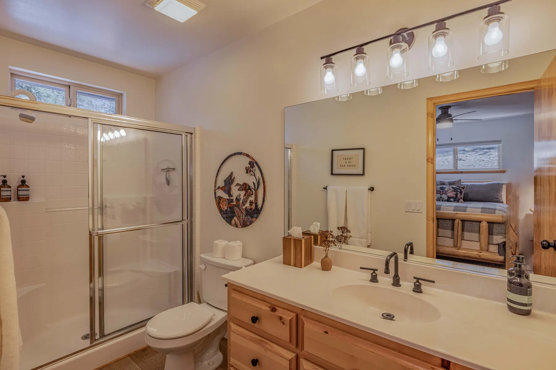 Primary en-suite bathroom at Pine Grove Cabin with a glass shower, soaking tub area, and vanity light bar